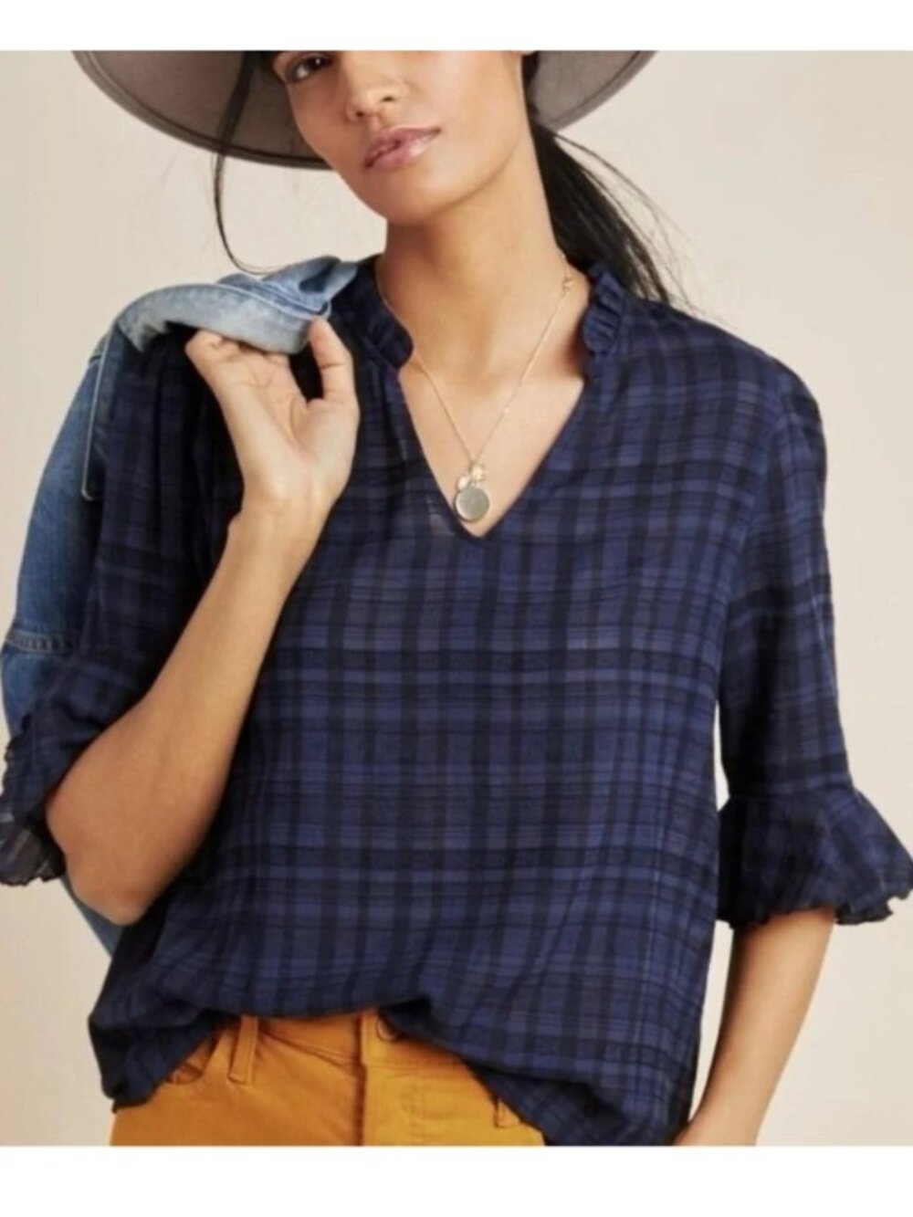 Dolan Anthropologie Women's Dark Blue/Black Plaid Ruffle Sleeve Blouse Size M